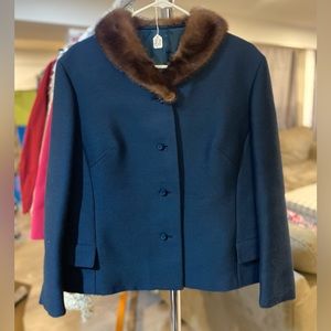 Vintage Teal Wool Jacket with Fur Collar - Size 8
